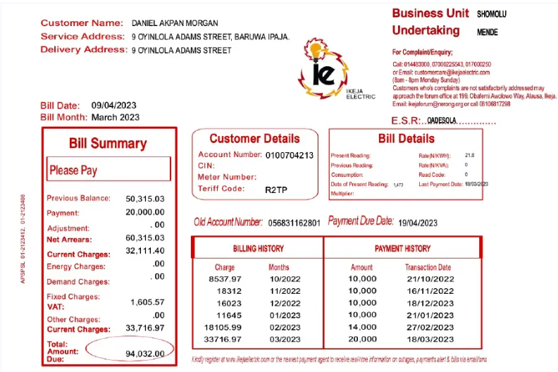 NIGEIA IKEJA utility bill Word and PDF template
